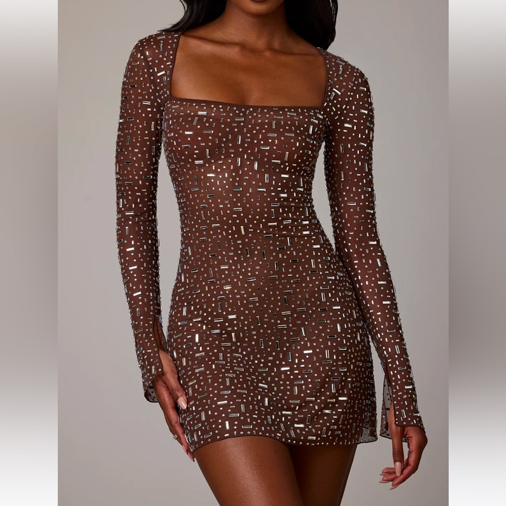 Oh Polly - SHEER EMBELLISHED LONG SLEEVE
A-LINE MINI DRESS IN DEEP COCOA